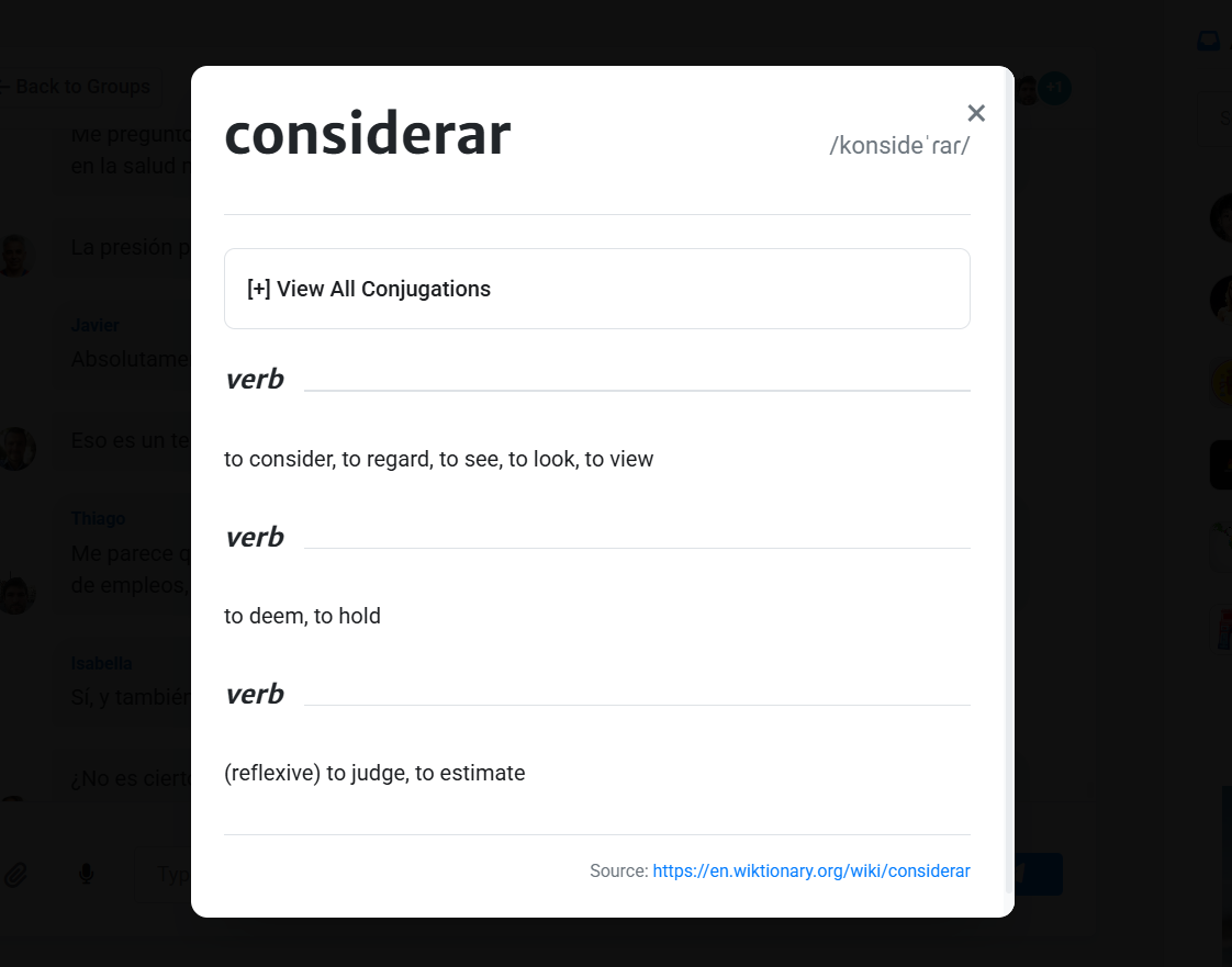Screenshot of the interactive dictionary modal