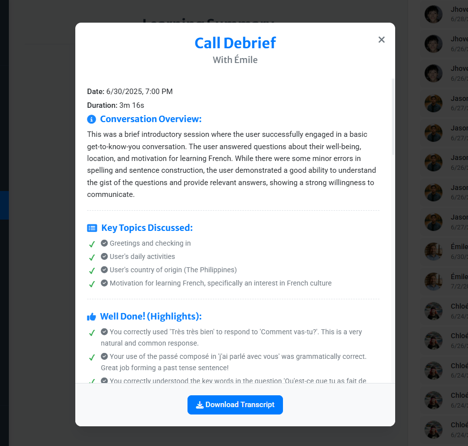 Screenshot of the session recap modal